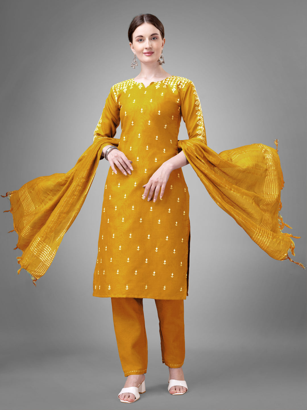 Elegant Mehendi Green Embroidered Cotton Suit Set with Dupatta