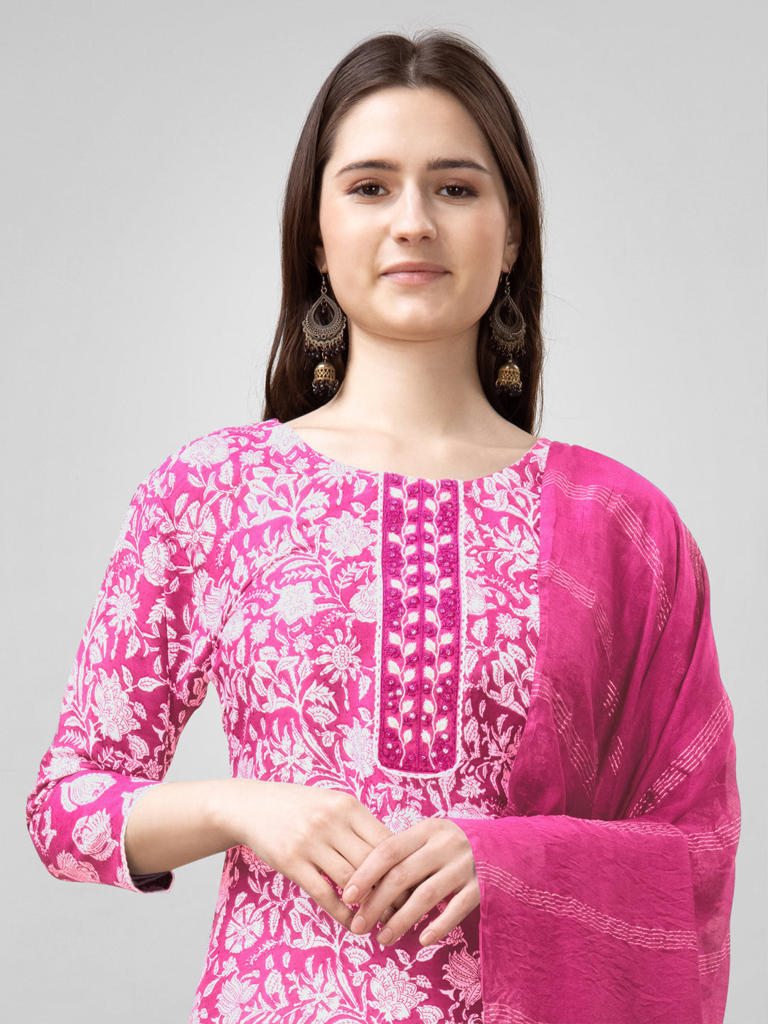 Vibrant Pink Printed Cotton Suit Set with Dupatta