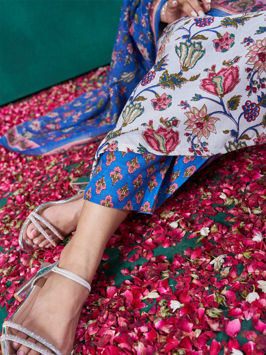 White and Blue Floral Printed Kurta Set