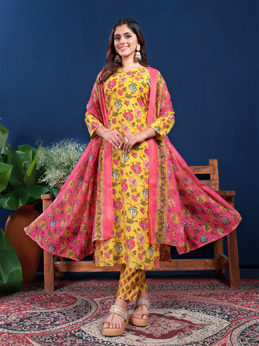 Yellow and Pink Floral Printed Kurta Set