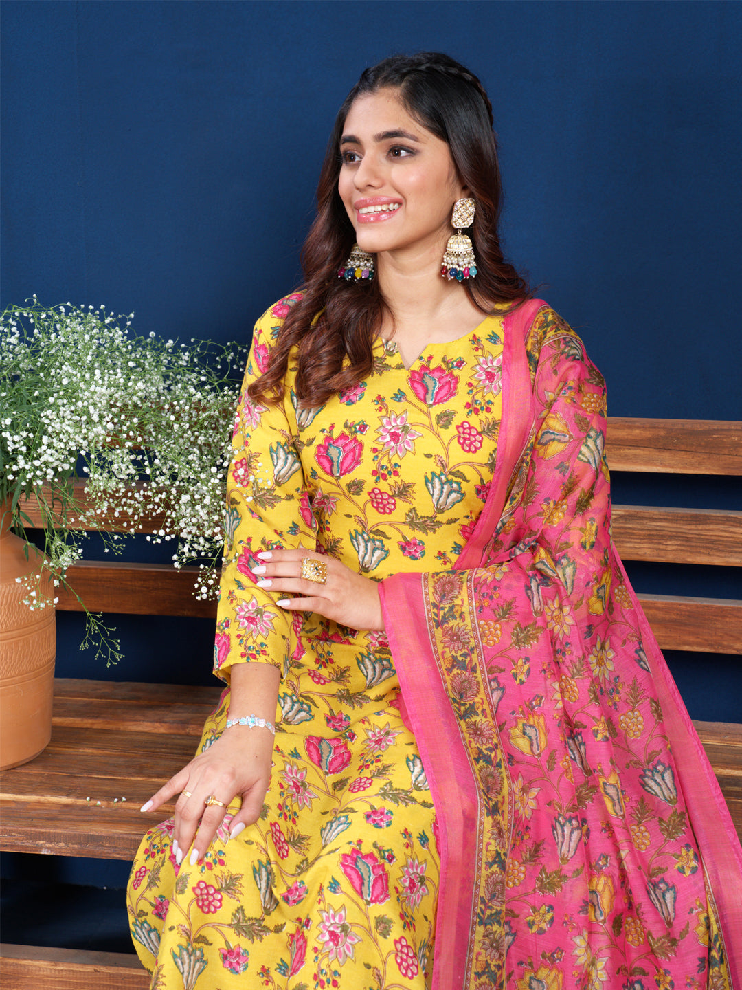 Yellow and Pink Floral Printed Kurta Set