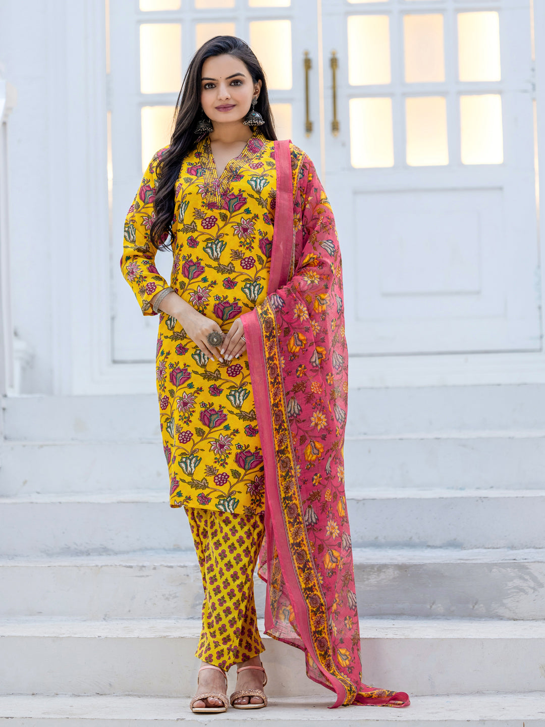 Crimson Bloom Floral Printed Cotton Kurta Set with Dupatta