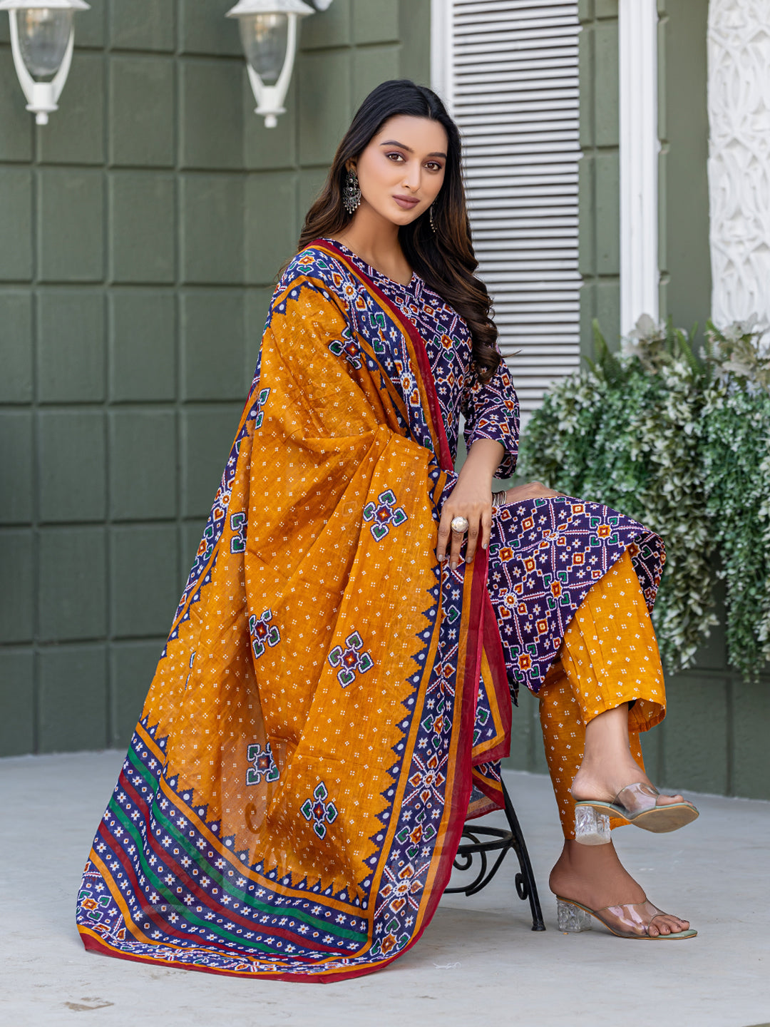 Chic Midnight Floral & Geometric Printed Cotton Kurta Set with Dupatta