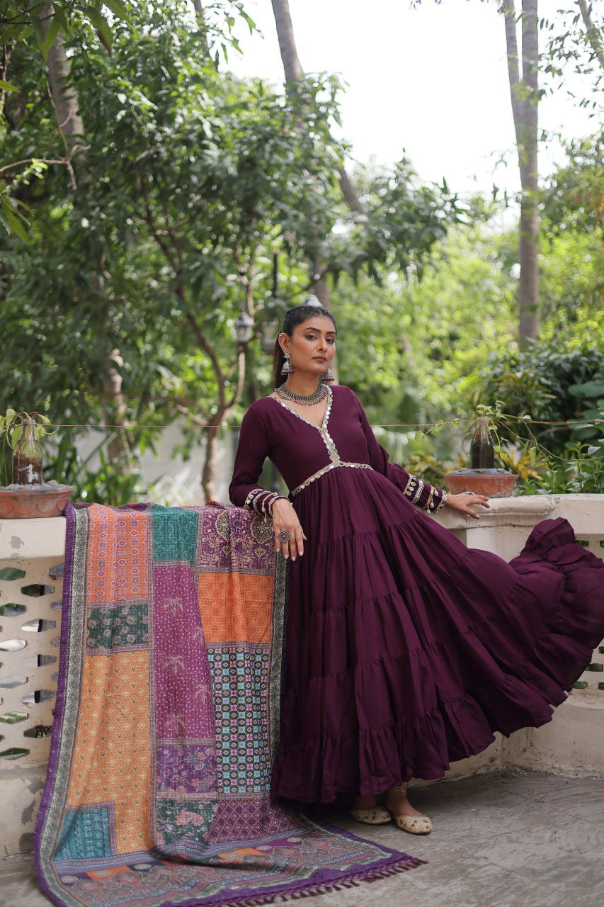 For the Maroon Gown: Deep Maroon Tiered Ruffle Gown paired with Multi-Color Shawl