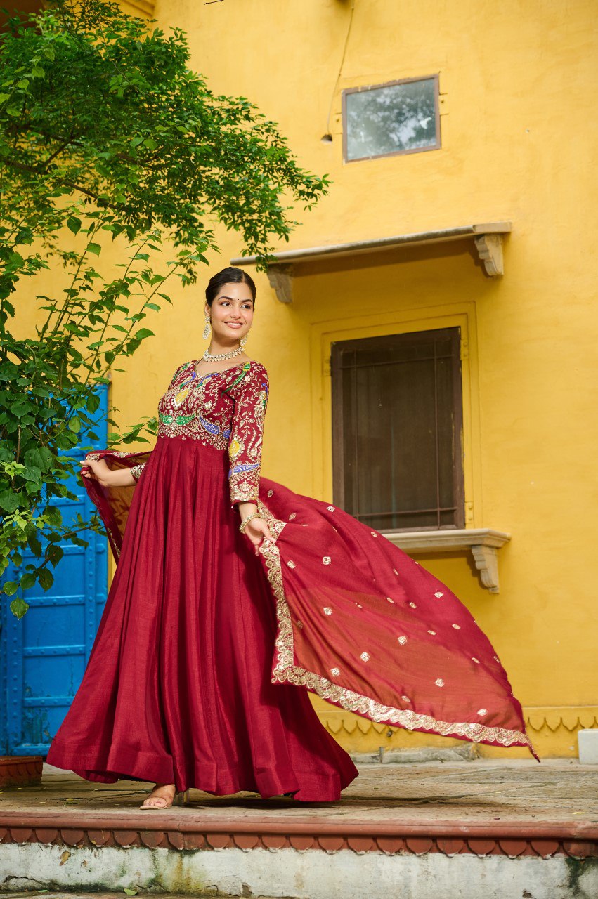 For the Green Gown: Forest Green Silk Anarkali Gown with Vibrant Multi-Colour Embroidered Yoke