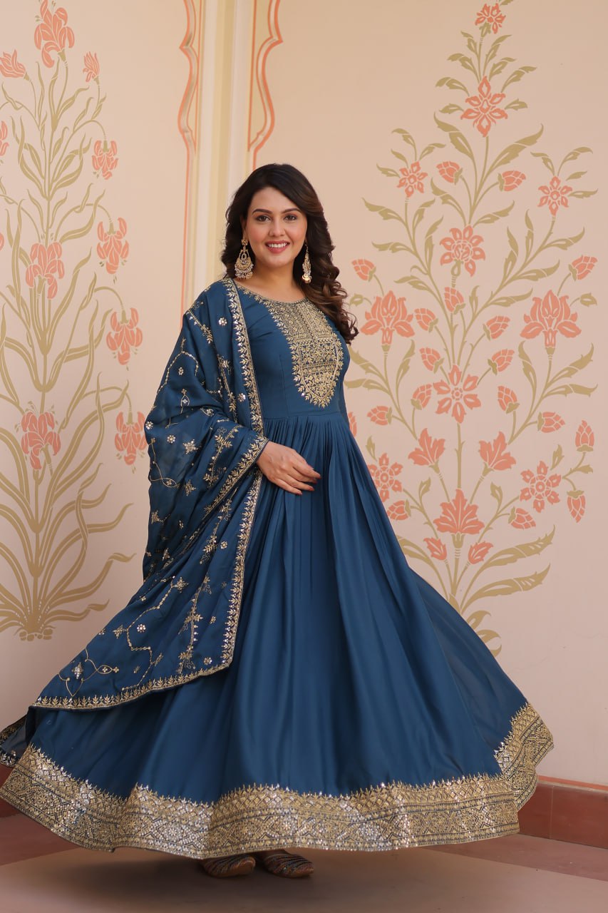For the Teal/Blue Gown: Elegant Peacock Blue Anarkali Suit with Rich Embroidered Border
