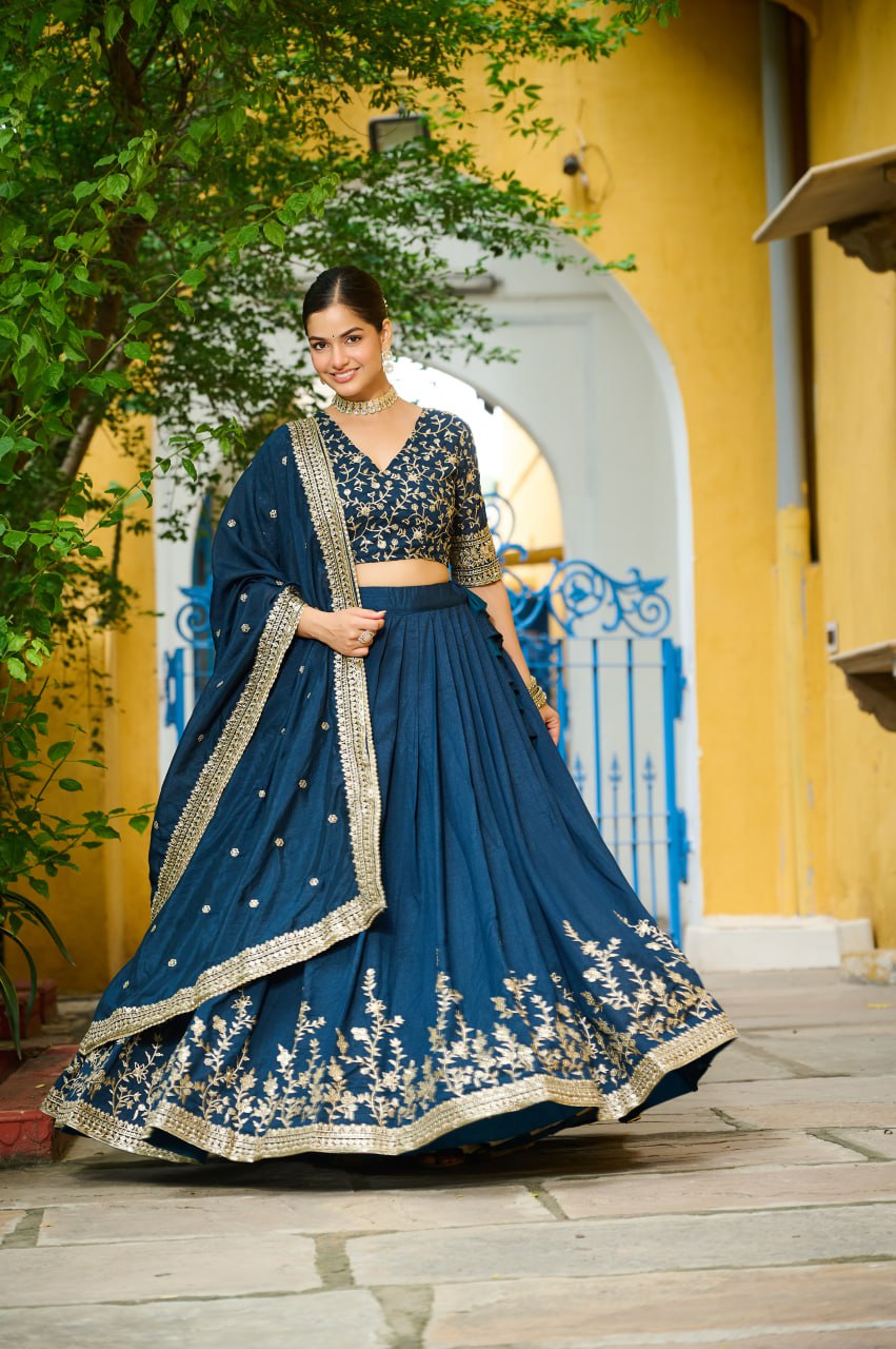 Navy Blue Silk Lehenga Set with Rich Gold Zari Embroidery