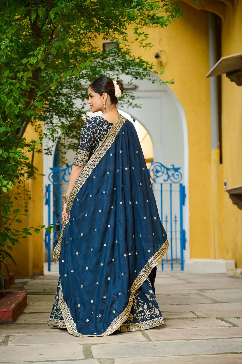 Navy Blue Silk Lehenga Set with Rich Gold Zari Embroidery