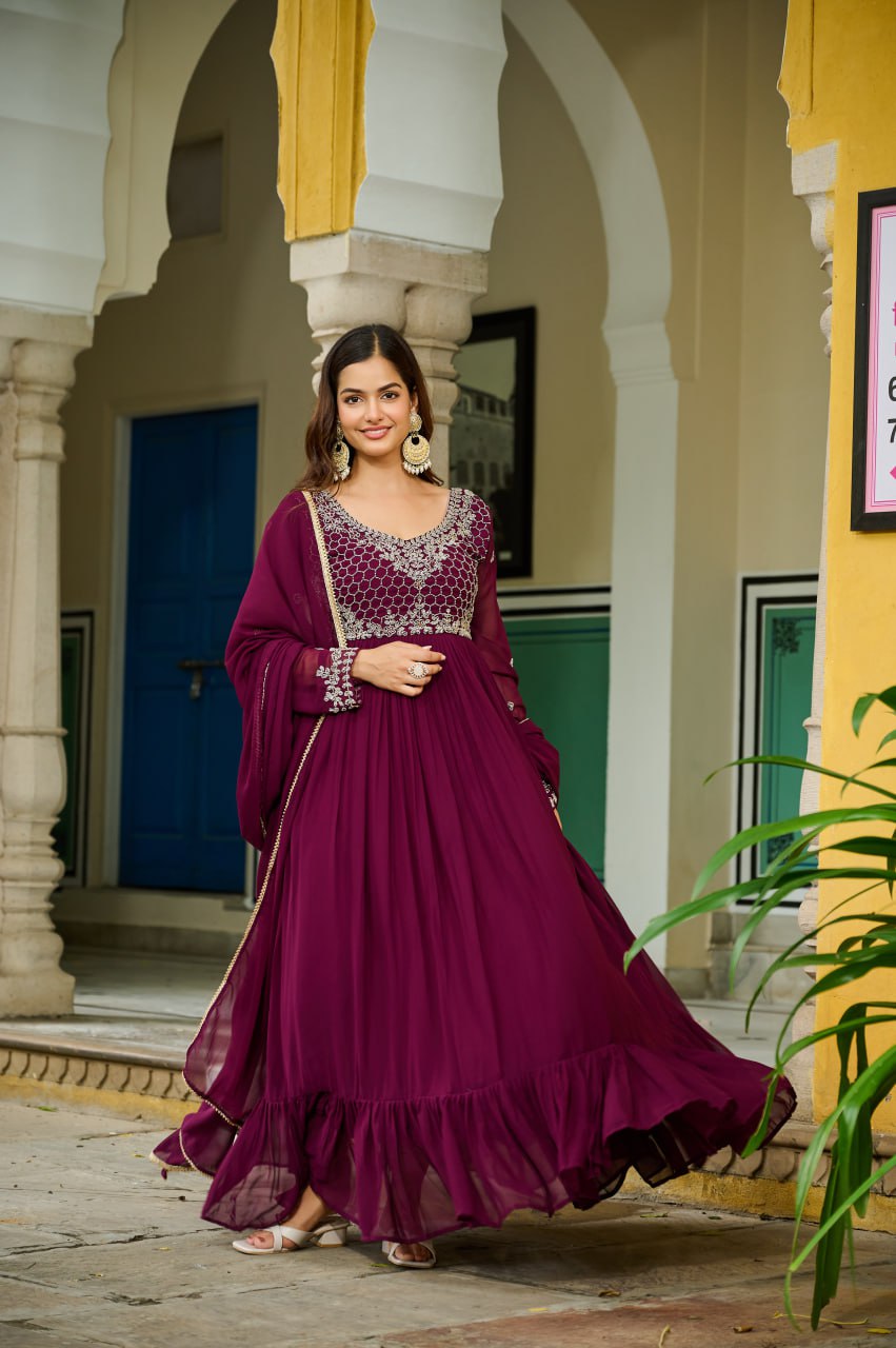 Regal Wine Anarkali Gown with Intricate Embroidered Yoke & Ruffled Hem