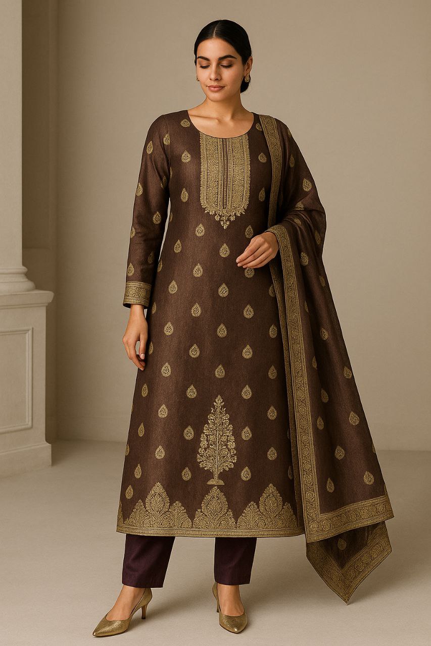 Rich Brown Woven Silk Suit Set with Gold Zari Embroidery