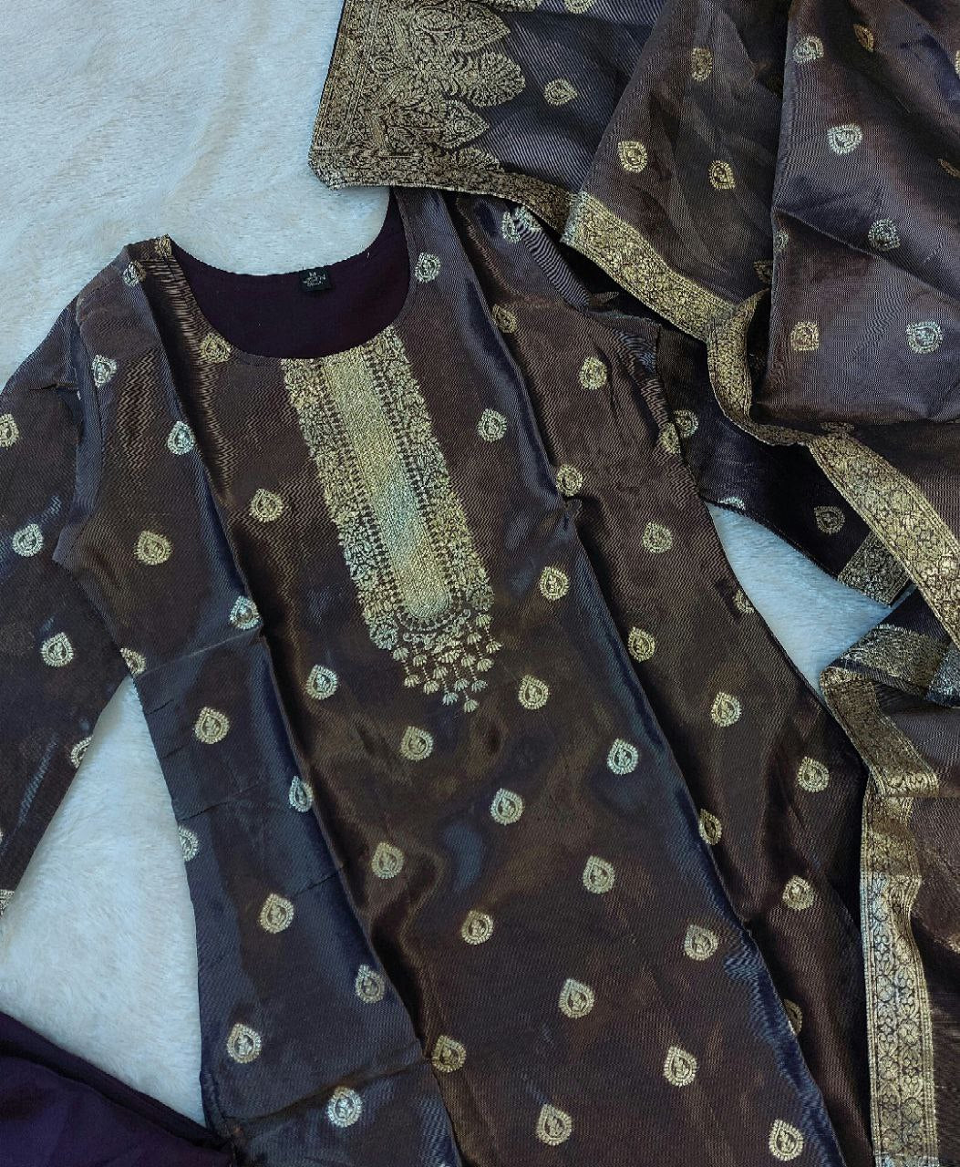 Rich Brown Woven Silk Suit Set with Gold Zari Embroidery