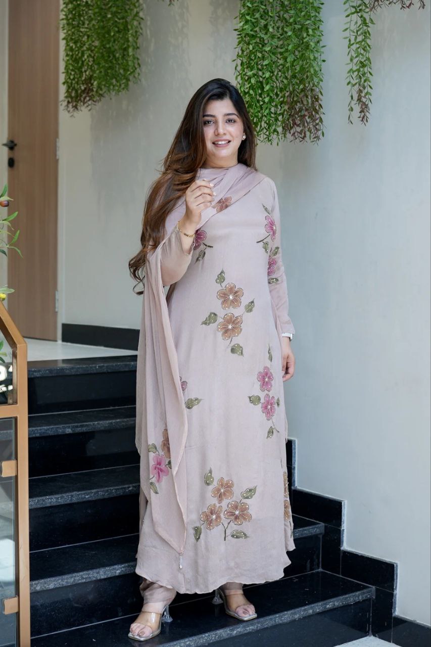 Rhea: Hand-Painted Floral A-Line Kurta Set with Keyhole Neck