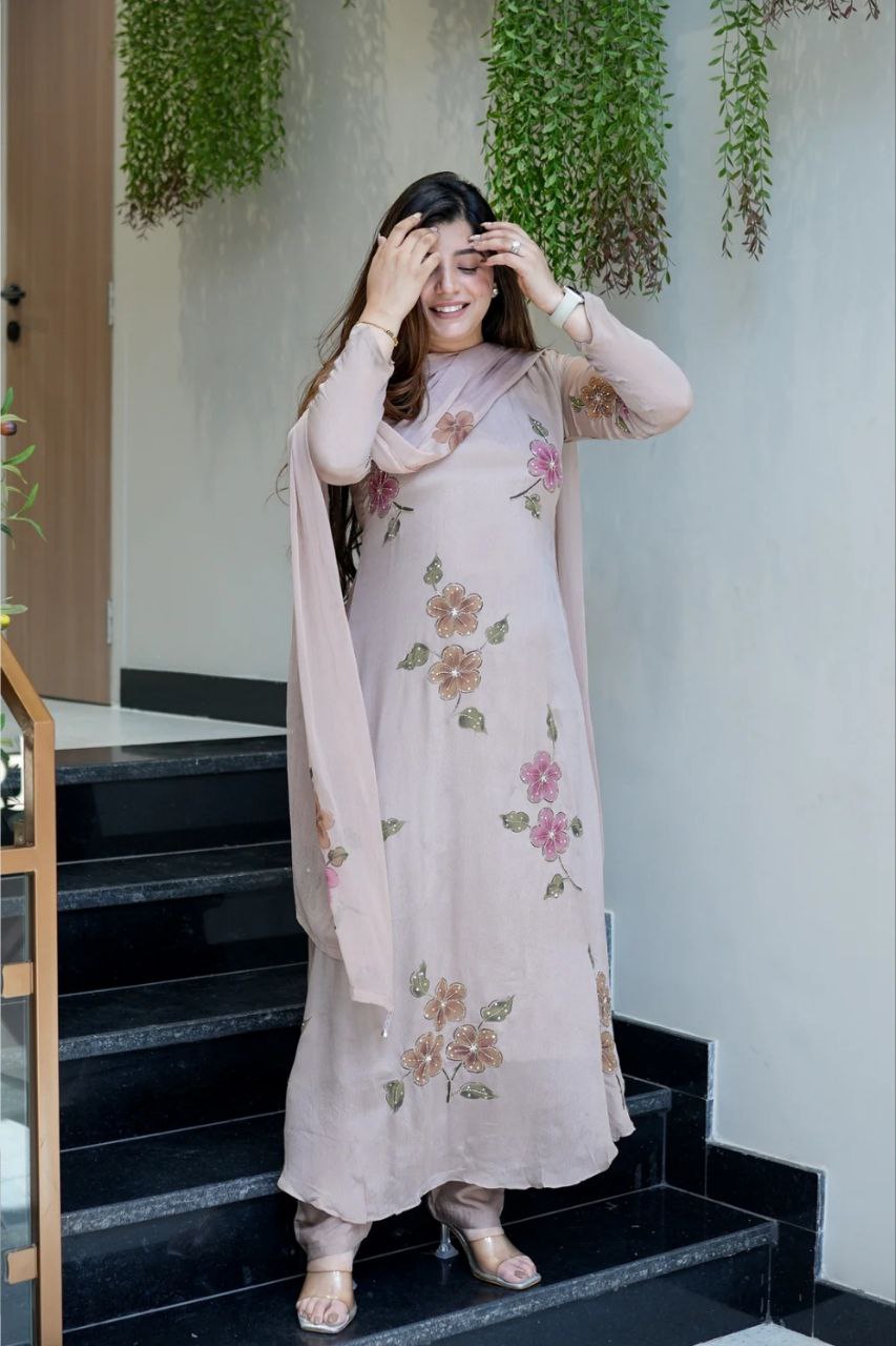 Rhea: Hand-Painted Floral A-Line Kurta Set with Keyhole Neck