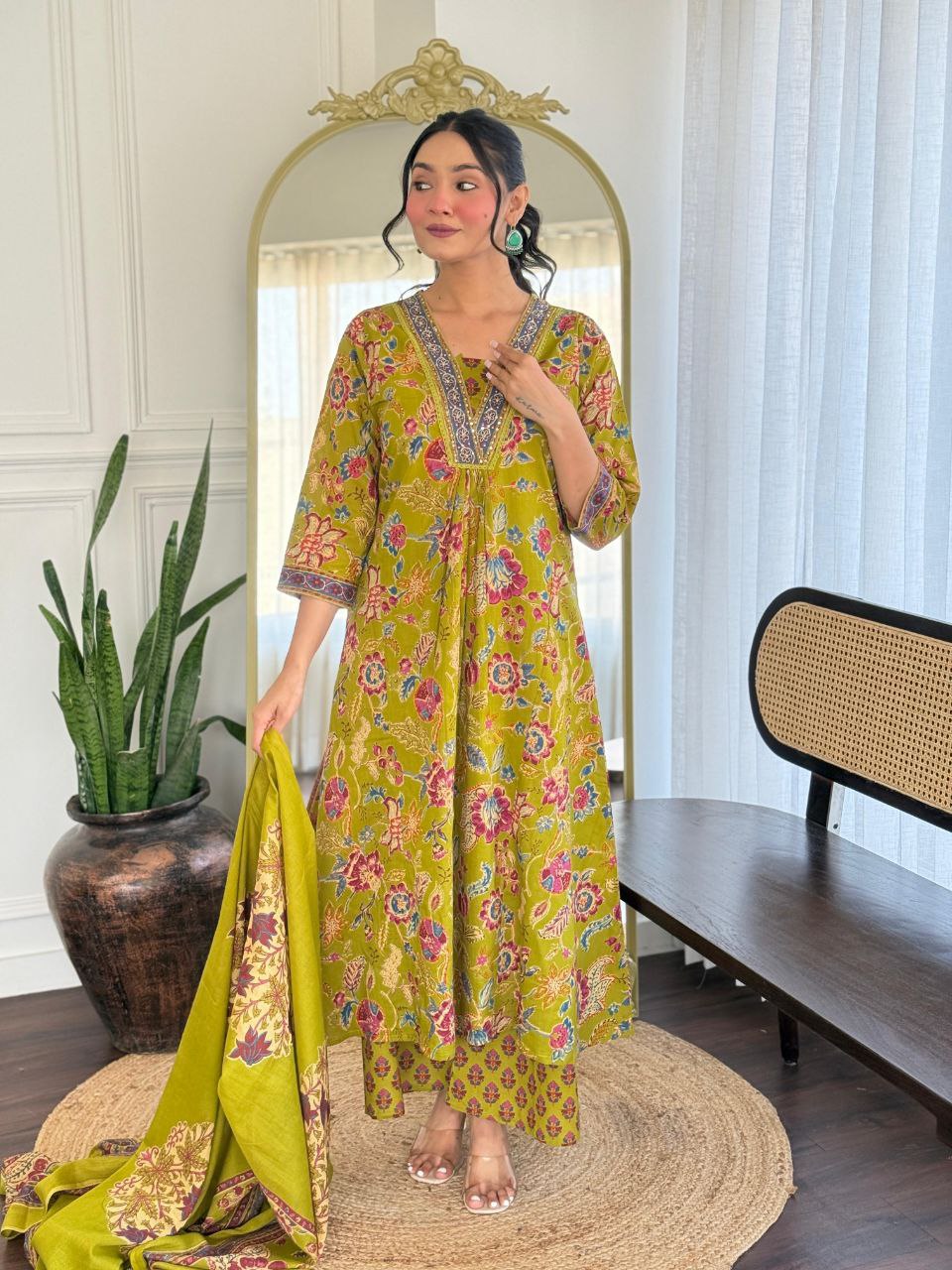 Pista Green Jaal Print A-Line Kurta with Palazzo & Dupatta