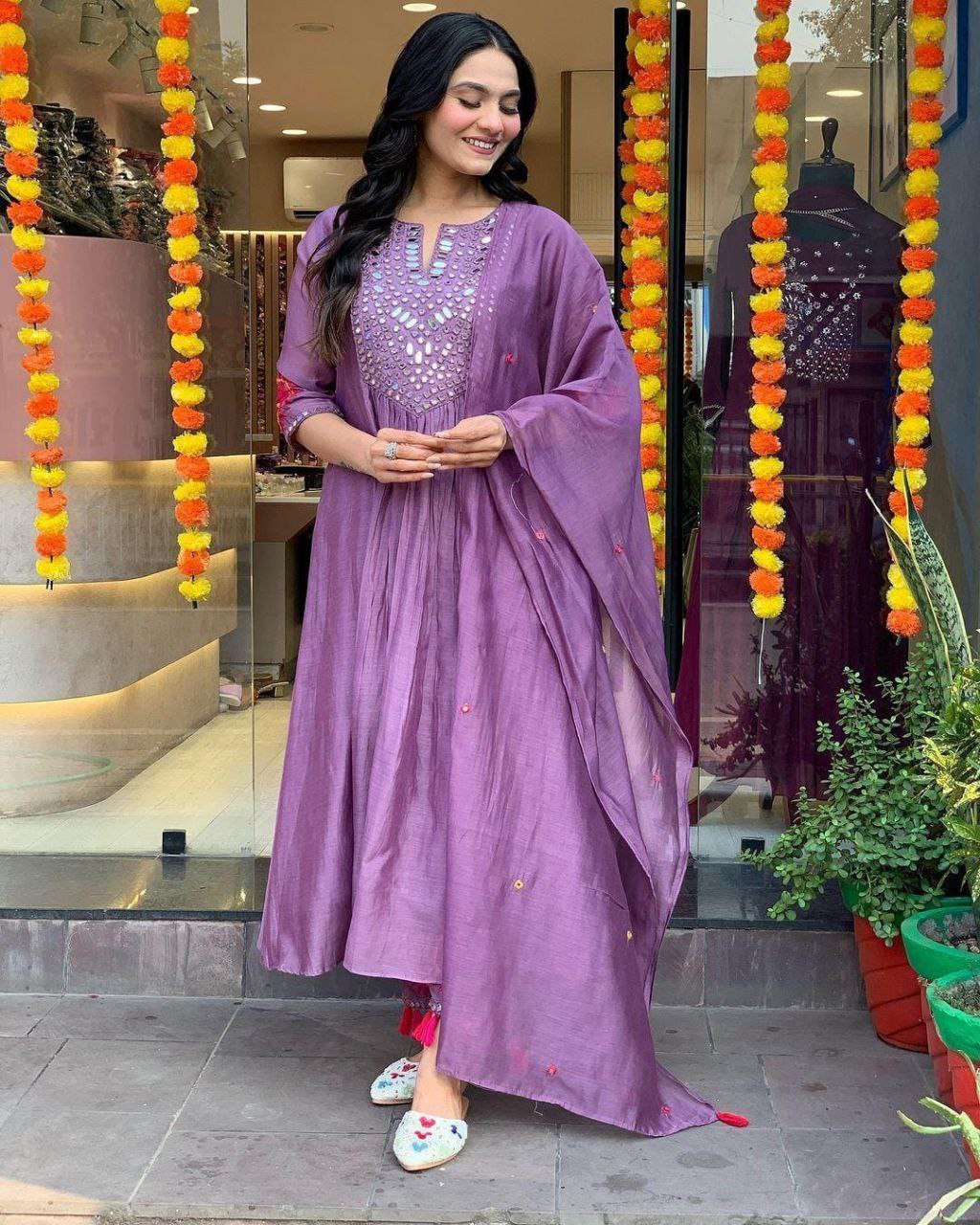 Regal Lavender Mirror Work Anarkali Suit Set