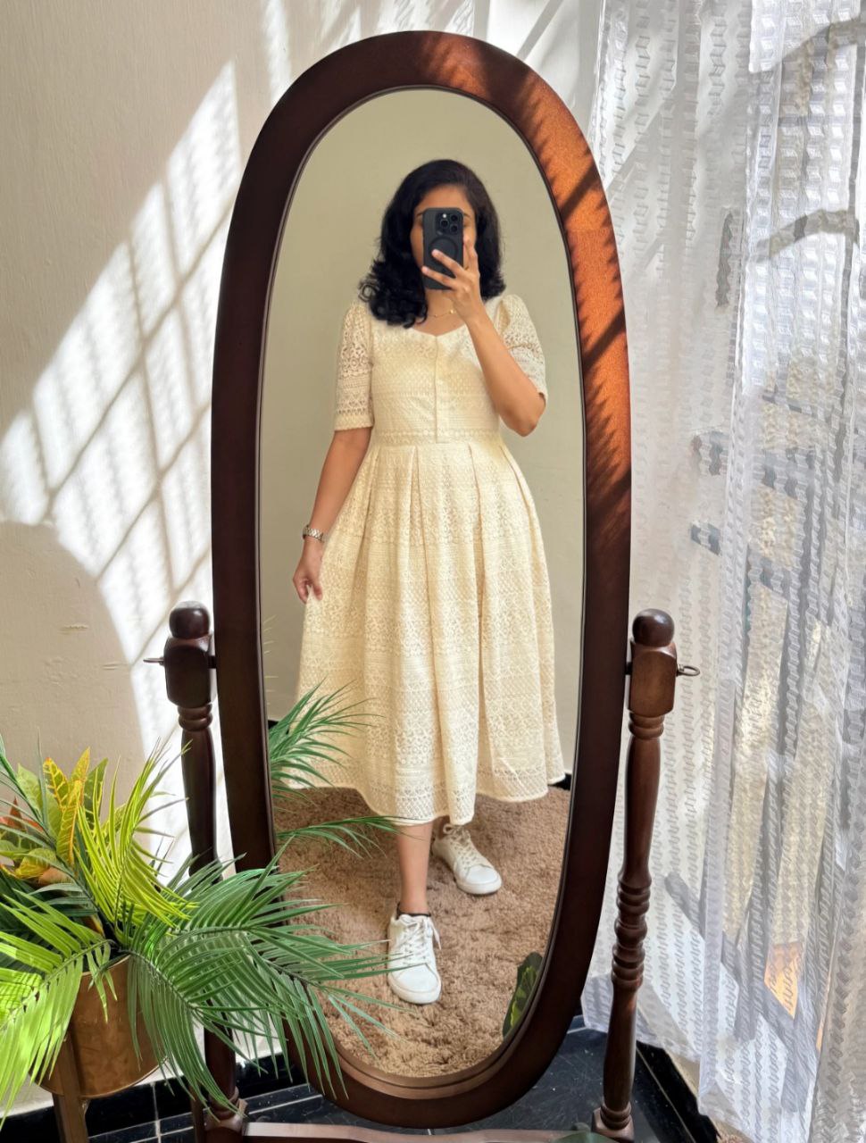 Romantic Cream Lace Midi Dress with Puff Sleeves