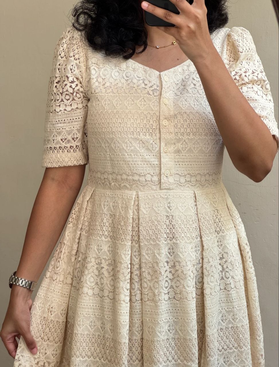 Romantic Cream Lace Midi Dress with Puff Sleeves