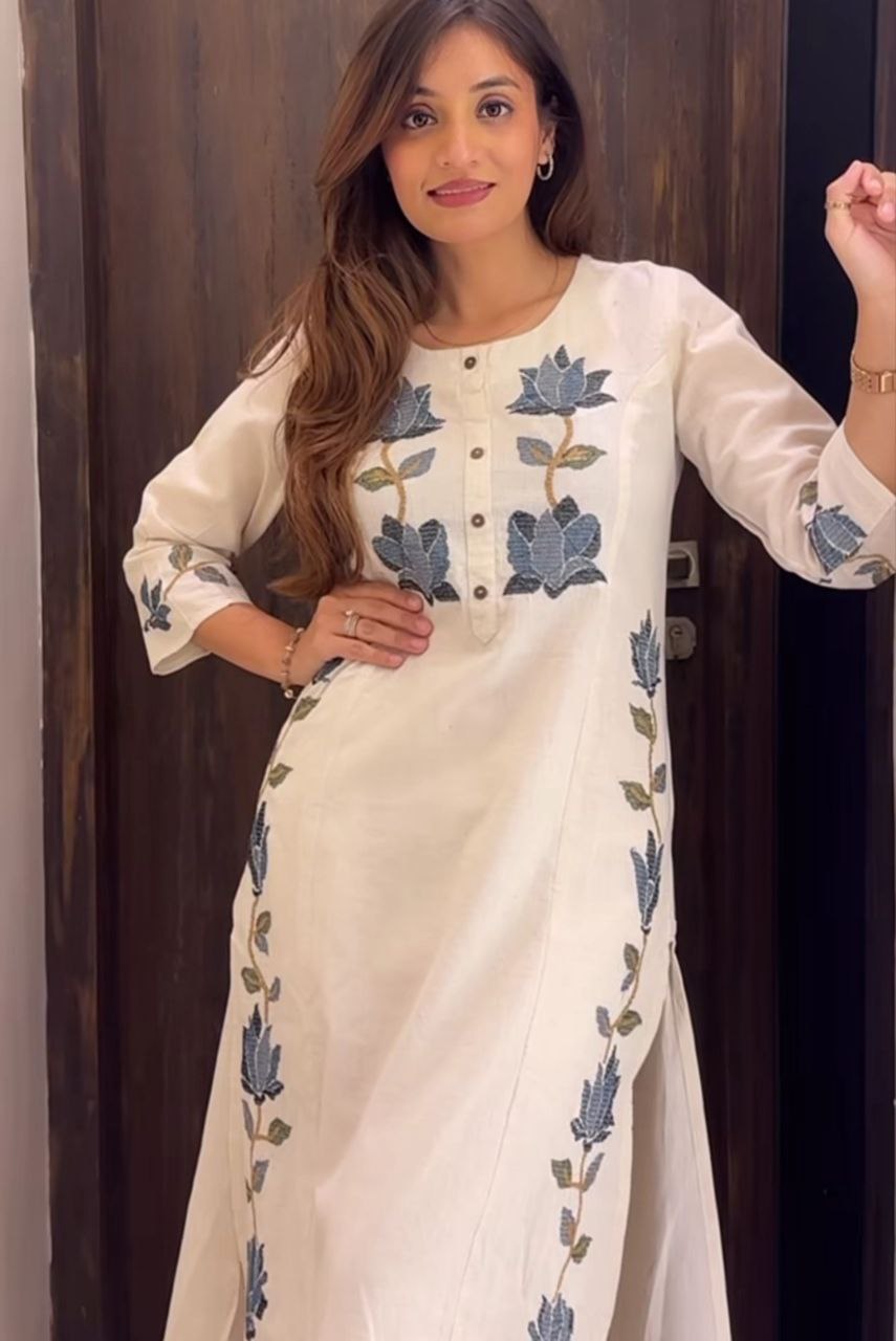 Title Elegant Off-White Embroidered Kurta Set