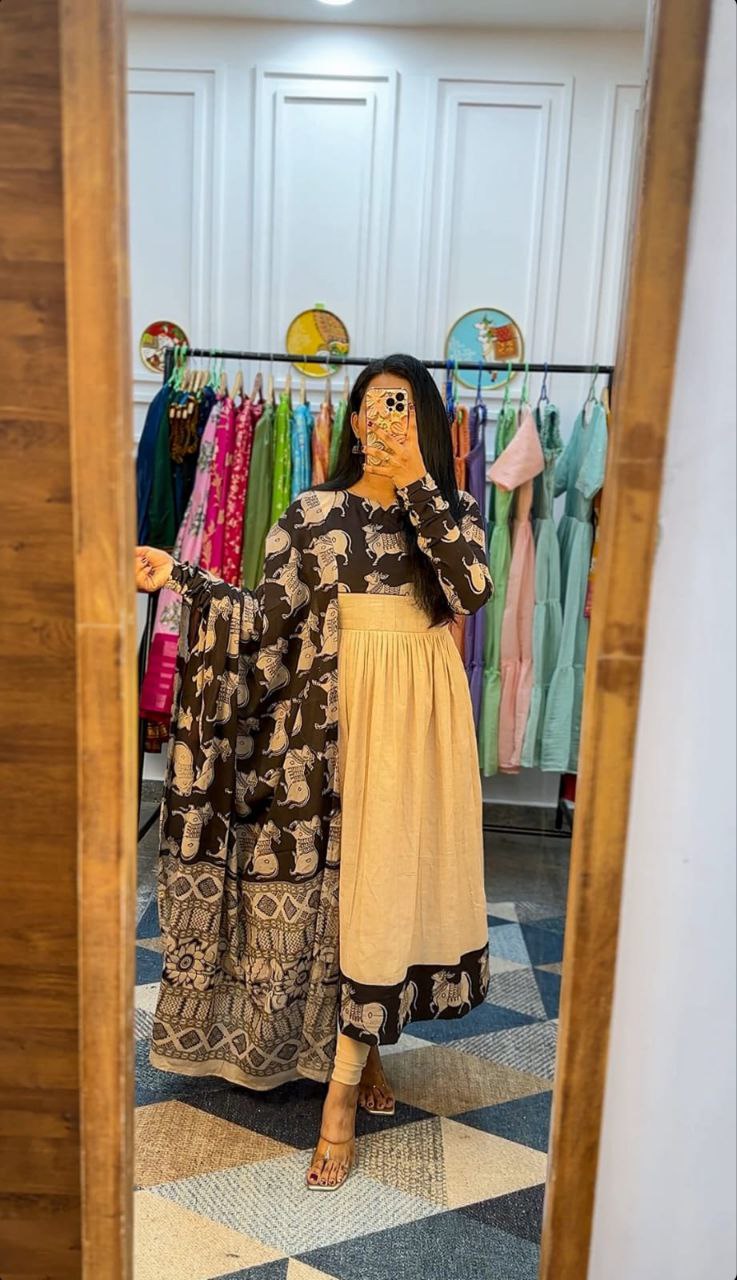 Gaja: Elephant Block Print Cotton Anarkali Suit Set