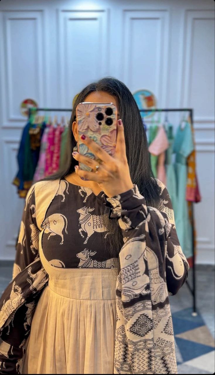 Gaja: Elephant Block Print Cotton Anarkali Suit Set