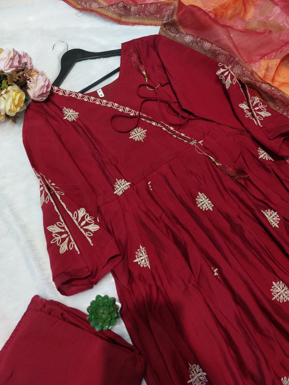 Maroon Flared Angrakha Kurta with Palazzo & Kalamkari Print Dupatta