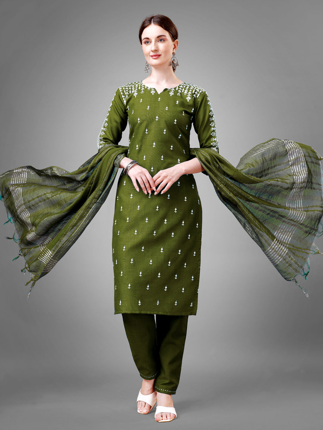 Elegant Mehendi Green Embroidered Cotton Suit Set with Dupatta