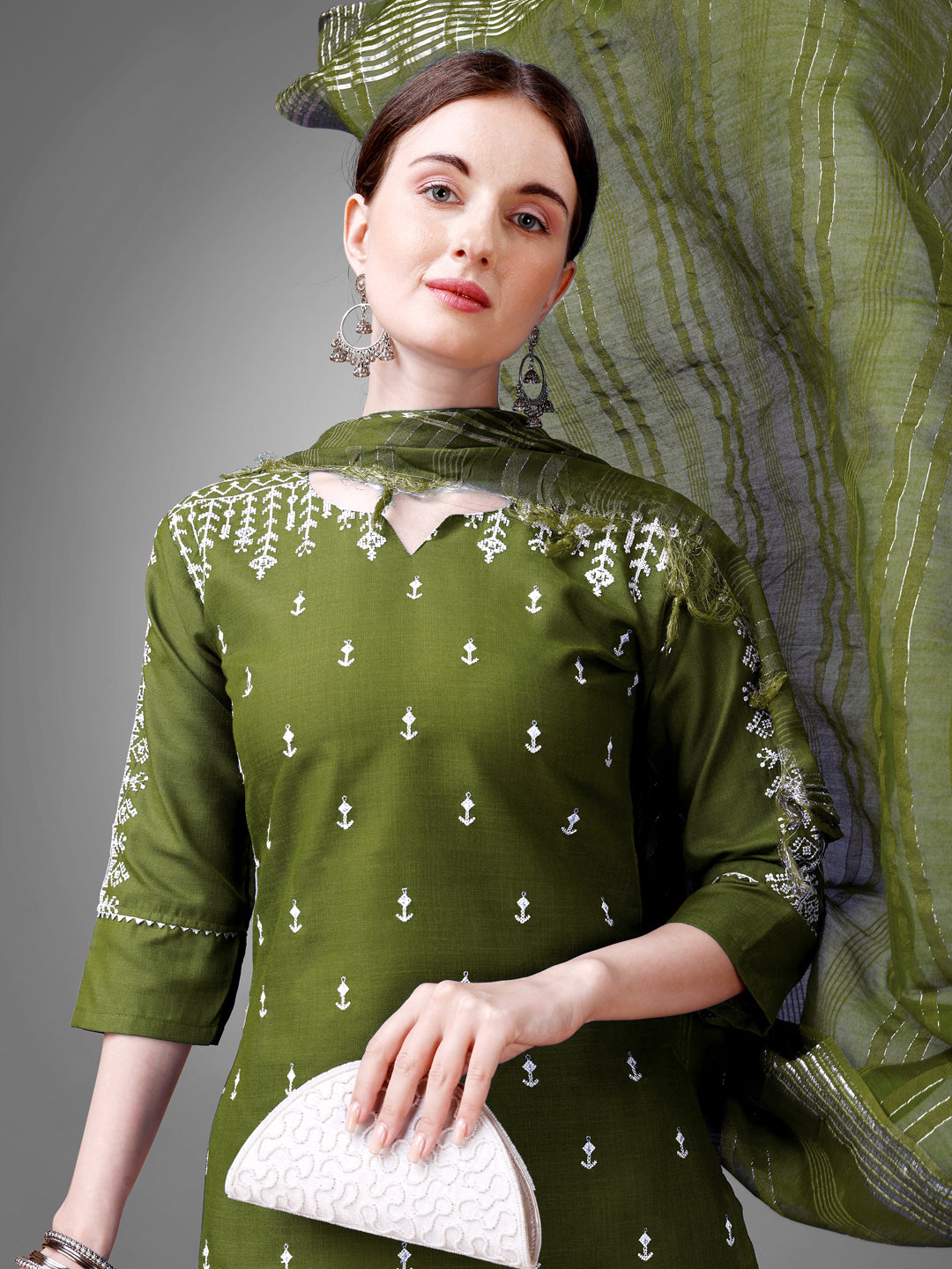 Elegant Mehendi Green Embroidered Cotton Suit Set with Dupatta