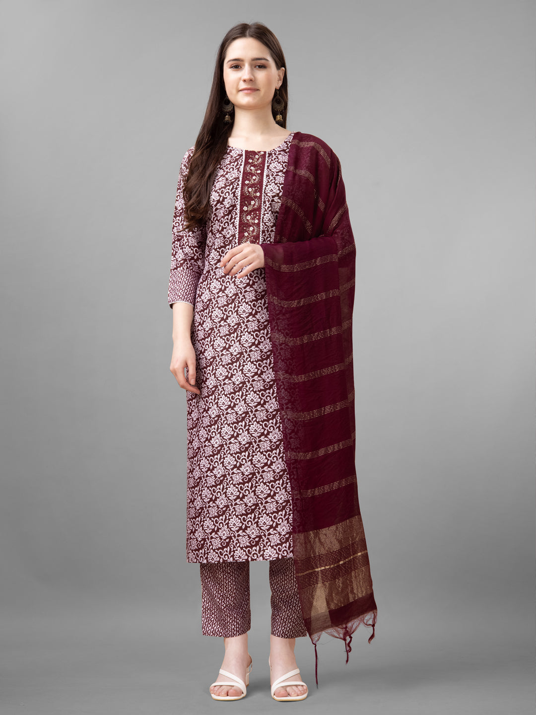 Elegant Maroon Printed Cotton Suit Set with Dupatta