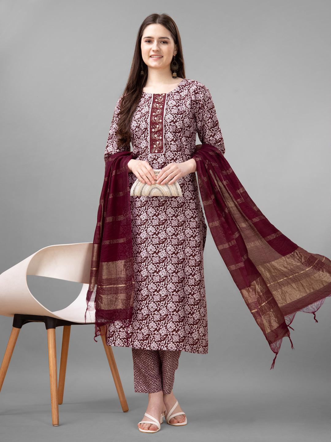 Elegant Maroon Printed Cotton Suit Set with Dupatta