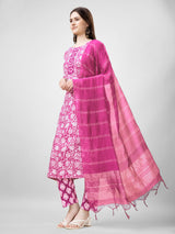Vibrant Pink Printed Cotton Suit Set with Dupatta