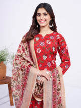 Red Floral Printed Kurta Set with Dupatta