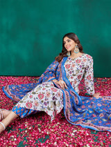 White and Blue Floral Printed Kurta Set
