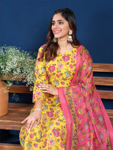 Yellow and Pink Floral Printed Kurta Set