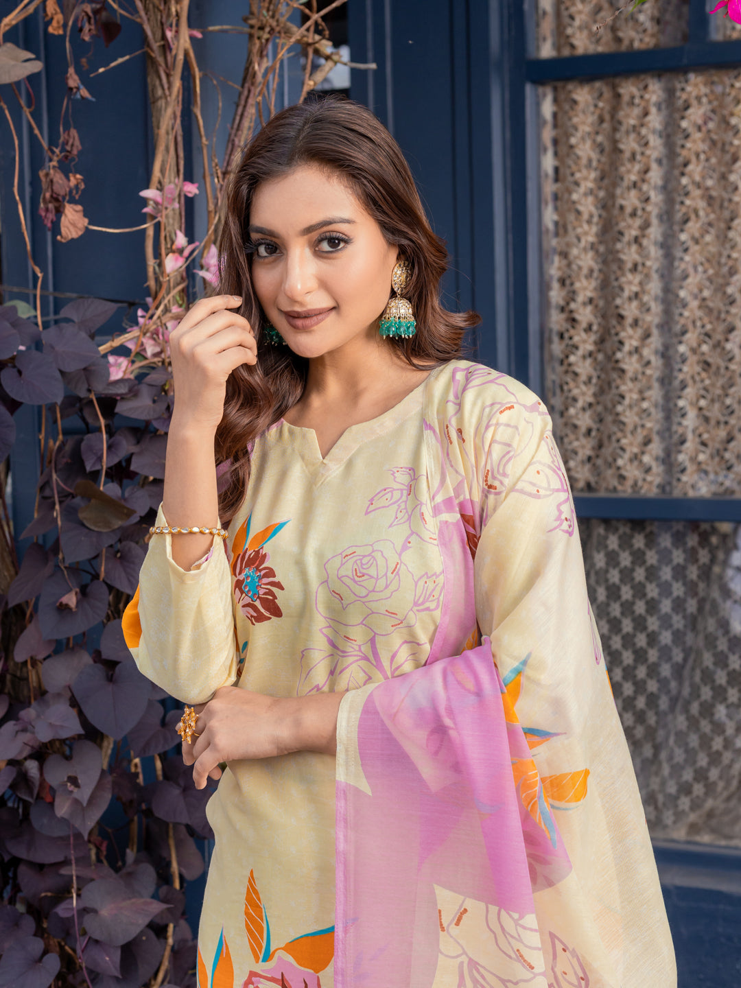 Artistic Floral Print Straight Kurta Set with Trousers & Dupatta
