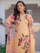 Artistic Floral Print Straight Kurta Set with Trousers & Dupatta