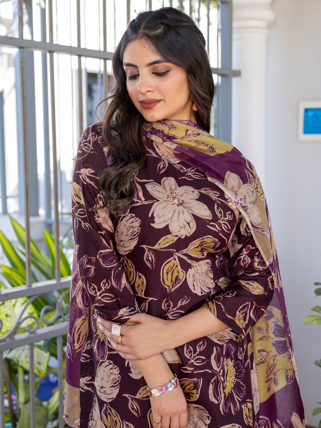 Brown Floral Printed Kaftan Set