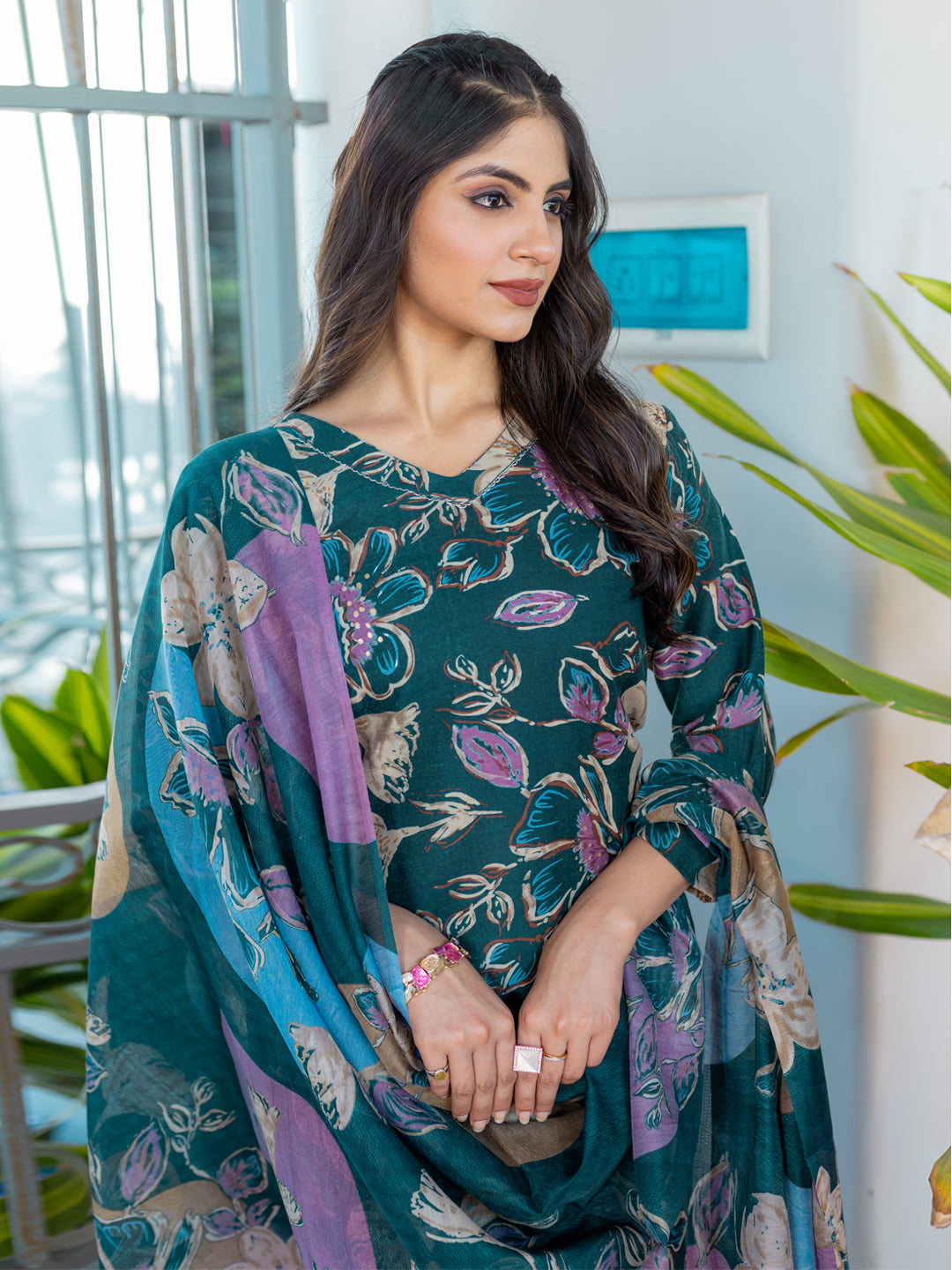 Brown Floral Printed Kaftan Set