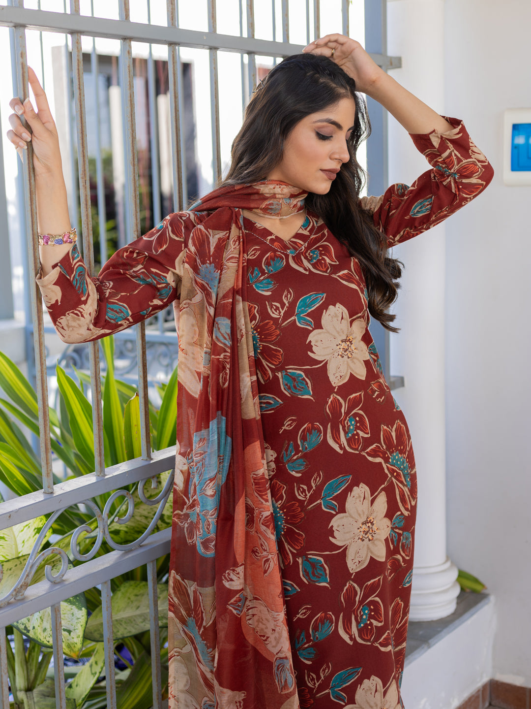 Brown Floral Printed Kaftan Set