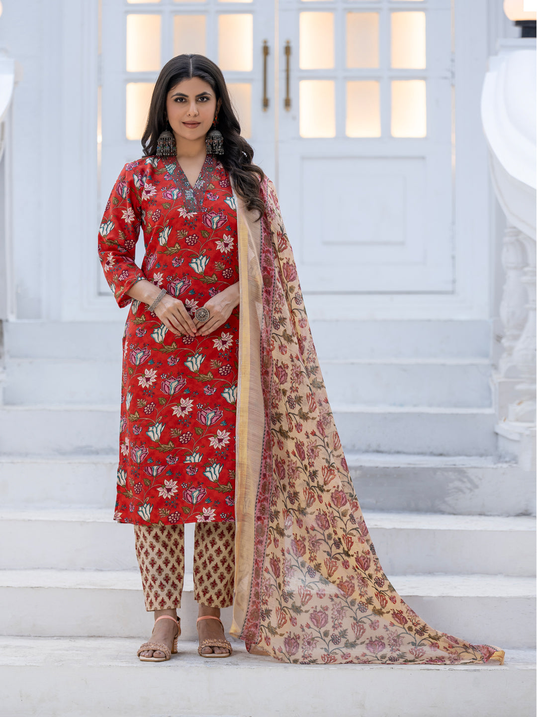 Crimson Bloom Floral Printed Cotton Kurta Set with Dupatta