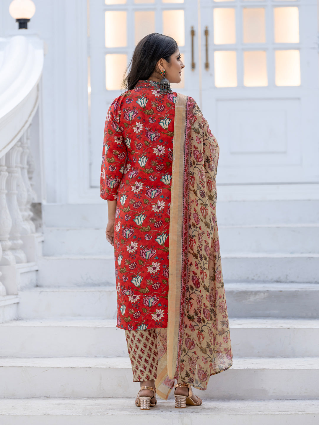 Crimson Bloom Floral Printed Cotton Kurta Set with Dupatta
