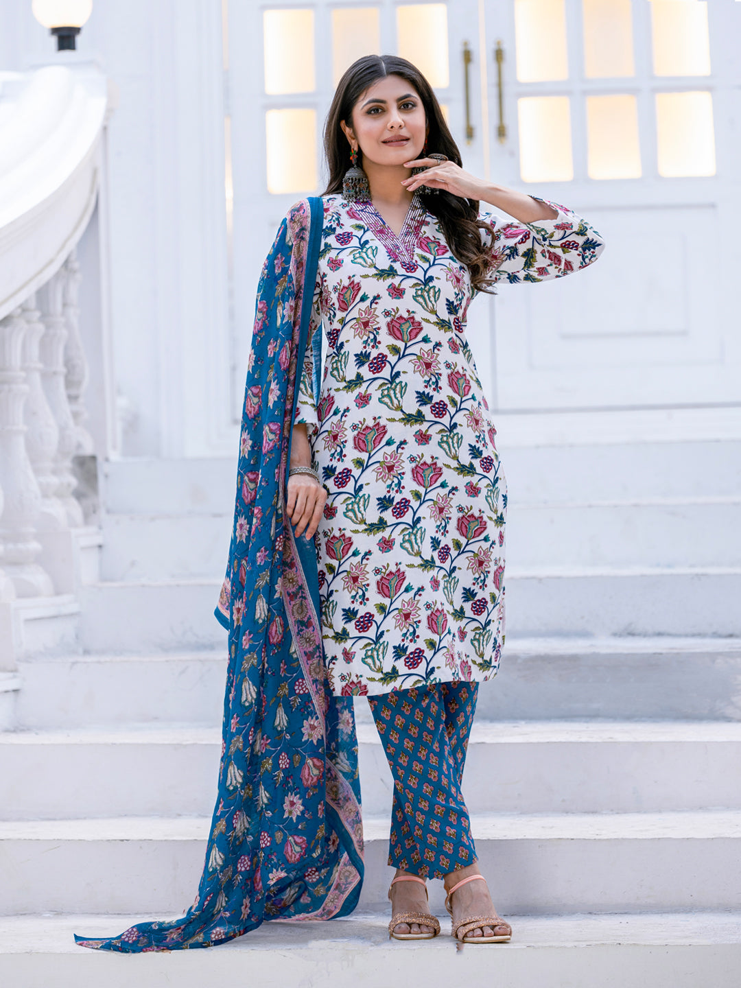 Crimson Bloom Floral Printed Cotton Kurta Set with Dupatta