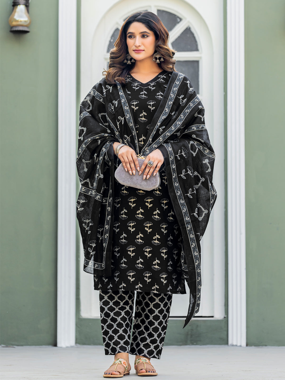 Chic Midnight Floral & Geometric Printed Cotton Kurta Set with Dupatta