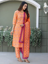 Chic Midnight Floral & Geometric Printed Cotton Kurta Set with Dupatta