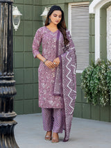 Chic Midnight Floral & Geometric Printed Cotton Kurta Set with Dupatta