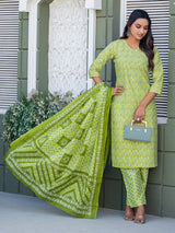 Chic Midnight Floral & Geometric Printed Cotton Kurta Set with Dupatta