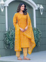 Chic Midnight Floral & Geometric Printed Cotton Kurta Set with Dupatta