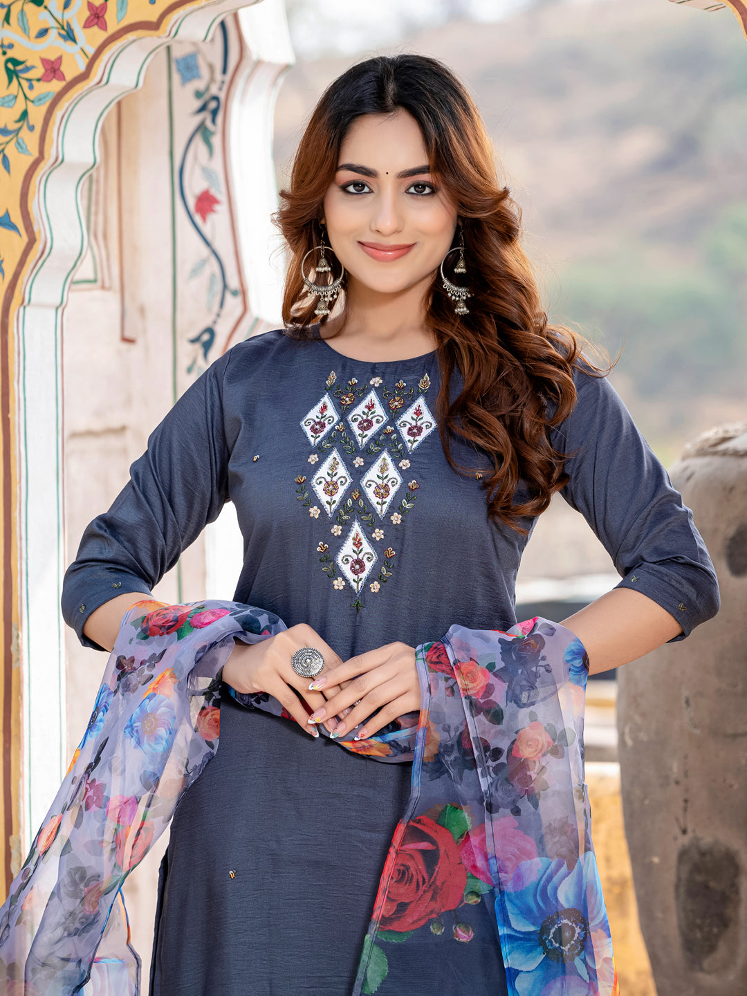 Multicolor Kurta Set with Floral Dupatta
