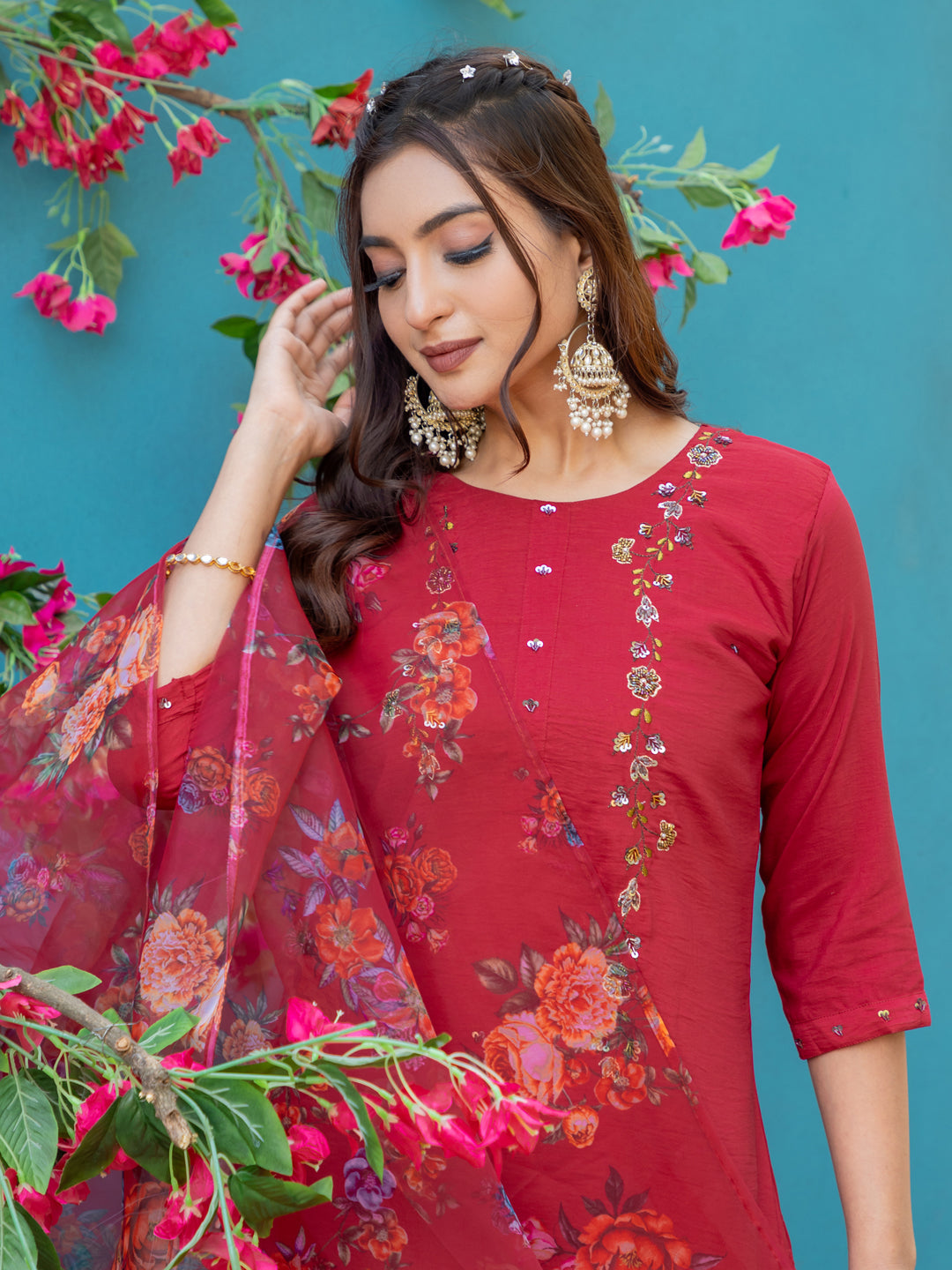 Multicolor Kurta Set with Floral Dupatta