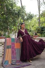 For the Maroon Gown: Deep Maroon Tiered Ruffle Gown paired with Multi-Color Shawl