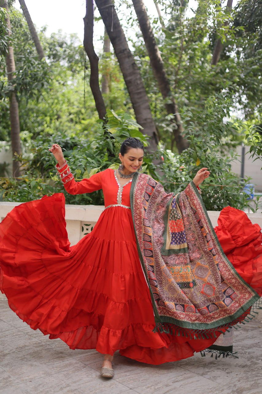 For the Maroon Gown: Deep Maroon Tiered Ruffle Gown paired with Multi-Color Shawl